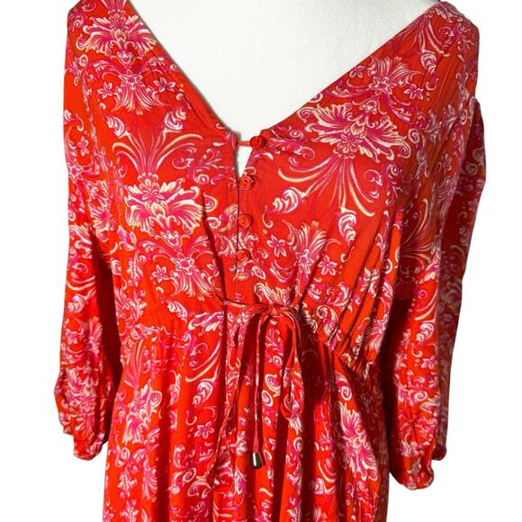 ABEL THE LABEL Printed Smocked Waist High Low Maxi Dress Size Small Prairie Red - Picture 3 of 6